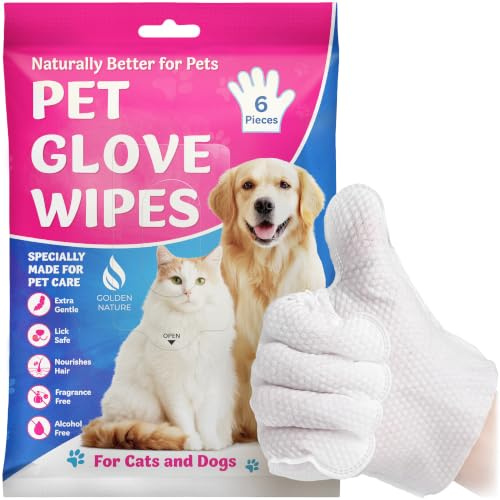 Golden Nature - Lingettes pour Animaux Chiens + Chats - 6 Pièces - Gants-Lingettes sans Eau pour Laver, Baigner, Toilettage - Nettoie Pattes, Visage, Corps - Jetables, Sûres en Cas de Léchage