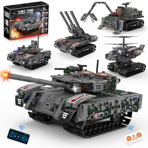 kiothdre Juego de bloques de sujeción 5 en 1, 389 piezas, aplicación y modelo de vehículo militar teledirigido WW2, juguete de construcción STEM para niños a partir de 6-14 años, cumpleaños niños