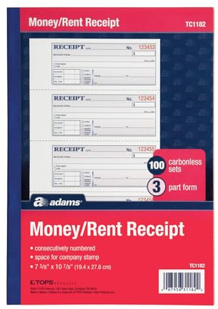 Adams Money and Rent Receipt Book, 3-Part, Carbonless, White/Canary/Pink, 7-5/8 x 10-7/8, Bound Wraparound Cover, 100 Sets per Book, 4 Receipts per Page (TC1182)
