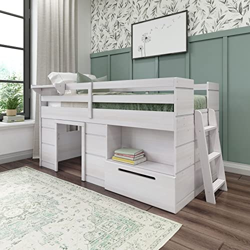 Max & Lily Modern Farmhouse Low Loft (Twin), with Storage Drawer, White Wash