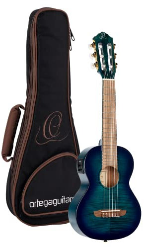 Ortega Guitars Reise Gitarre Elektro-Akustisch – Mini Travel Series – Geflammtes Mahagoni, Hochglanz Blau (RGLE18BLF)