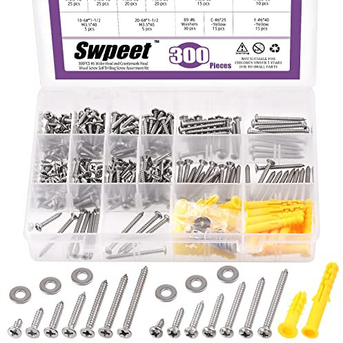 Swpeet Lot de 300 vis autotaraudeuses rapides pour cloison sèche en acier inoxydable 304 avec rondelles plates et cloison sèche Ancre