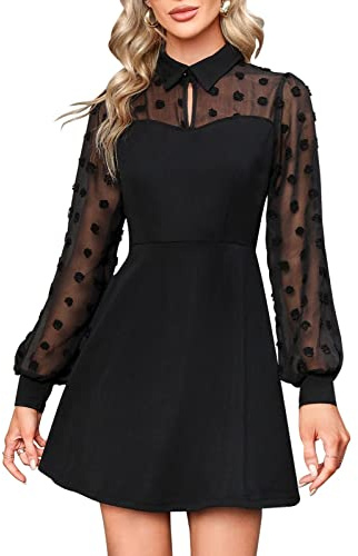 Svanco Women's Lace Elegant Long Sleeves Black Dress for Party, Evening, Cocktail, Bridesmaid, High Waist Hollow Out Casual, Vintage, Work, Mini, Ball Gown