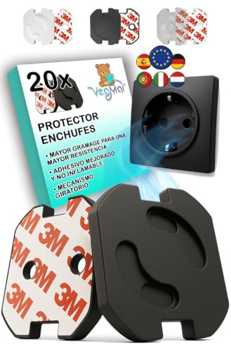 VegMai®[20 Unidades] Protector Enchufes Seguridad Infantil con Mecanismo De Giro Y Adhesivo 3M Ideal para Bebes Niños Y Pequeños En El Hogar. Schuko Europeo Tapas Color (Negro)