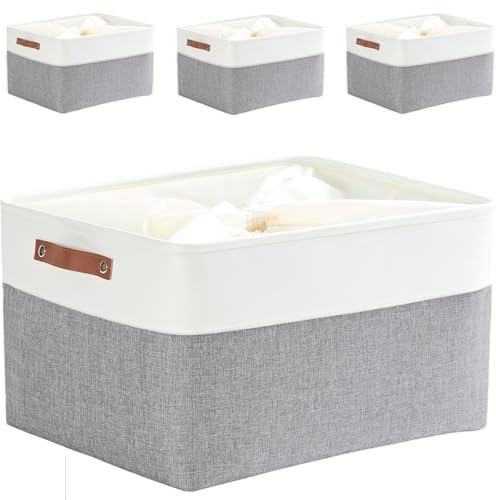 Mangata Fabric Storage Boxes, Thickened Canvas Storage Baskets with Handle for Shelves, Clothes Toys (XXL, Grey/White, with Drawstring,4 Pcs)