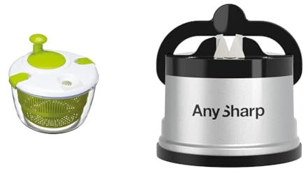 KitchenCraft Deluxe Salad Spinner and Dresser, BPA Plastic Free & AnySharp Knife Sharpener, Hands-Free Safety, PowerGrip Suction, Safely Sharpens All Kitchen Knives, Ideal for Hardened