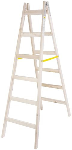 STREND PRO Holzleiter 6 Stufen 1,86m | IDEAL Malerleiter Holz für Malerarbeiten, Renovierungen, Reparaturen | Klappleiter Holz mit EN131 Zertifikat | Haushaltsleiter einschließlich Metallhaken