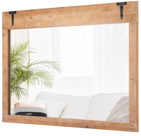 COSTWAY Decorative Wall Mirror, 100x70cm Large Rectangle Barn Door Hanging Vanity Mirror, Rustic Wooden Frame Wall Mounted Mirror Farmhouse Decoration for Bathroom Bedroom Hallway, Horizontal/Vertical