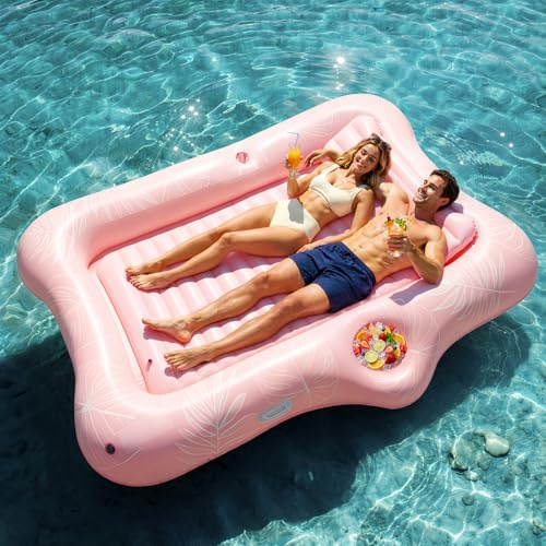 HeySplash Inflatable Pool Float Lounge, Large Inflatable Pool Floats Boat for Adults with Cup Holder & Detachable Pillow, Tanning Pool Lounger Float for Outdoor Lake River Summer Water Party,Pink Leaf