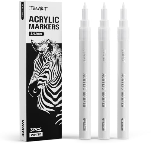 JusArt 0.7mm Fine Point White Permanent Markers, 3 Pack | White Acrylic Paint Pen for Rock Painting, Art Projects, Ceramic, Glass, Wood, Metal, Fabric, DIY, Ideal for Art Supplies
