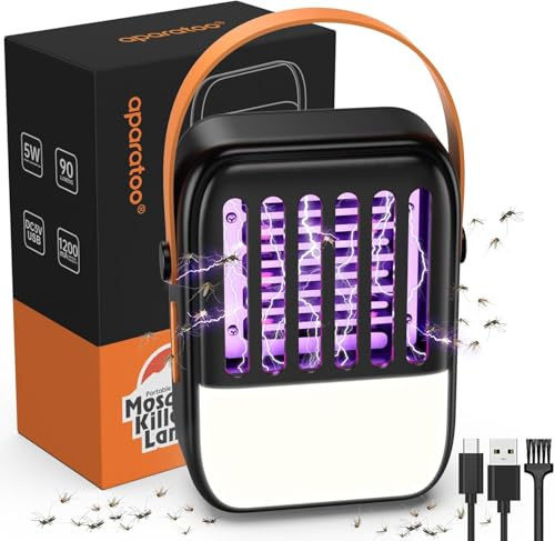 Lampara Antimosquitos Exterior, 2 en 1 Antimosquitos Solar Luz LED con Batería de 1200mAh USB Recargable Lampara Mata Mosquitos con Luz LED, Antimosquitos para Jardín Interior Exterior (Negro)