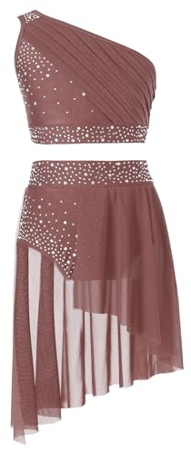 Kaerm Completo Danza Moderna o Classica per Bambina in Due Pezzi Crop Top Reggiseno Monospalla Senza Maniche con Gonna Vestito da Balletto Danza Lirica Latina Dancewear Marrone 9-10 Anni