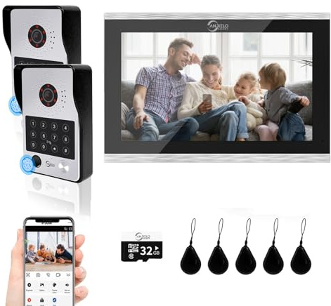 Videoportero con cable Sistema de intercomunicación de apartamentos,Monitor táctil de 10 pulgadas,Cámara HD 1080P Timbre,Huella dactilar,Tarjeta RFID,Desbloqueo por contrase (2 Timbre+1 Monitor)