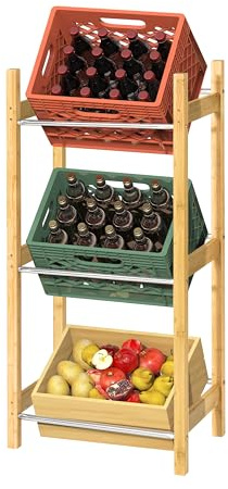 Ribelli Estantería para cajas de bebidas para 3 cajas, estante para bebidas de bambú, soporte para cajas de bebidas, soporte para cajas de botellas, estantería estable para bebidas, agua, cerveza,
