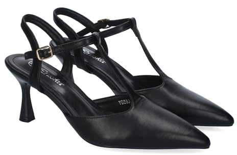 92297 Zapatos de Tacon Fino para Mujer, Elegantes, Punta Fina, Diseno Moderno con Tira en el Empeine y Cierre de Hebilla, Ideales para Primavera-Verano. Negro Talla 38