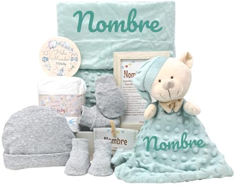 Mababyshop Velvet Canastilla Bebé Recién Nacido Personalizada, Verde | Manta Burbujas, Dou Dou de Apego, Primera Puesta, Regalo Baby Shower