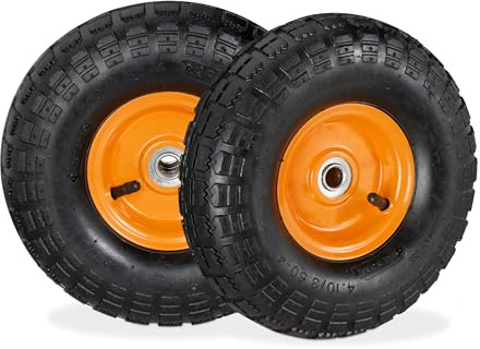Relaxdays Set of 2 Wheelbarrow Tyres, 4.1/3.5-4, Pneumatic Spare Wheel, 16 mm Axle, max. 136 kg, Steel Rim, Black/Orange