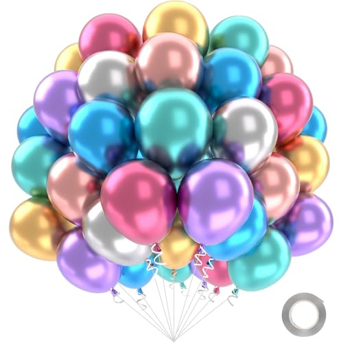 Flerfärgade metalliska födelsedagsballonger, 52 st flerfärgade ballonger, metallballong med blått rosa guld, helium latexballong för födelsedag, bröllop, dop, dekoration, 12 tum