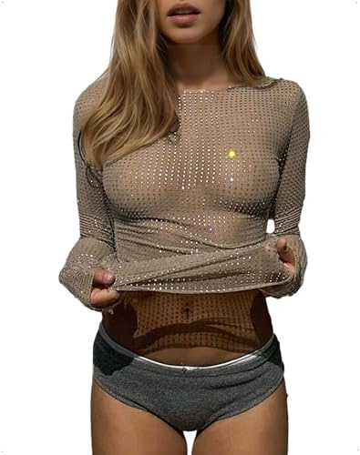 EMOTTOS Women's Mesh See Through Tops, Sexy Party Transparent Long Sleeve Top with Rhinestone, Ladies Sheer Y2K Round Neck T-Shirts Slim Fit Clubwear Out Disco Autumn Winter, Beige, M
