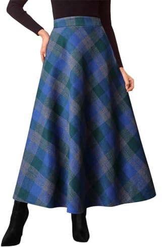 Minetom Jupe Longue Femme Hiver Élégant Carreaux Haute Taille Maxi Jupes en Laine A-Line Taille Élastique Skirt C Bleu S