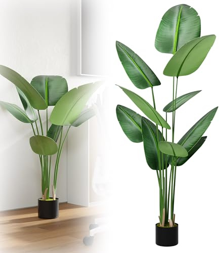 XMTECH Konstgjord palm 150 cm – tropisk konstväxt i kruka, verklighetstrogen av tygtygblad och PE-stam, lättskött, väderbeständig och UV-beständig för vardagsrum, balkong, terrass och kontor