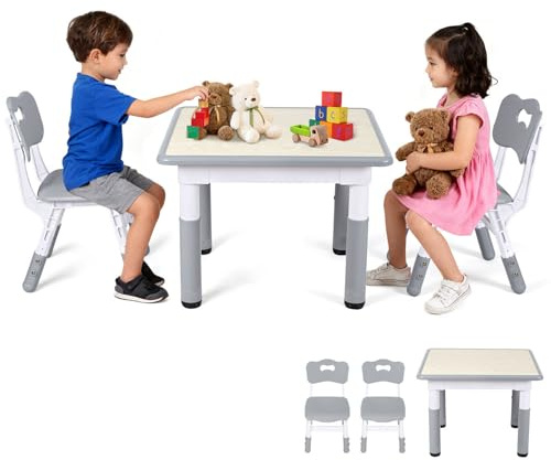 ISOISL Juego de mesa infantil con 2 sillas, altura regulable en 7 posiciones, 60 x 60 cm, mesa de pintura y mesa de actividades, grupo de asientos infantiles con superficie de dibujo, color gris