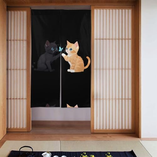 YYHWHJDE Due gattini che catturano farfalle modello tenda due pezzi impiombato 86,4 x 142,2 cm tende in tessuto, divisorio in tessuto, liscio e non facilmente rugoso