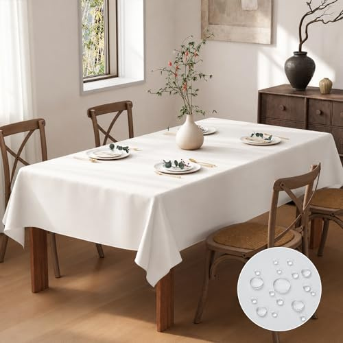 Flgef White Table Cloth 200x140cm, Water Resistant Rectangular Table Cloths | Waterproof Wipe Clean Wipeable Polyester Fabric Small Tablecloth Dining Table Cover for Outdoor, Garden, Wedding, Parties