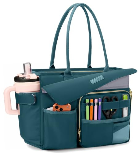 RAINSMORE Teacher Tote Bag for Women with Lunch Compartment Large 15.6 Inch Laptop Bag Nurse Bag with Insulated Section Water-Resistant Work Handbag for Office, College, Travel, Green