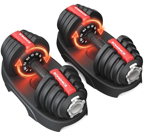 SONGMICS Hantlar 2-pack, justerbara hantlar 11-i-1, 1,5 kg till 12,5 kg, platsbesparande, halkfritt grepp, med ställ, fitness och styrketräning för hemmet, svart-röd SYL525R101