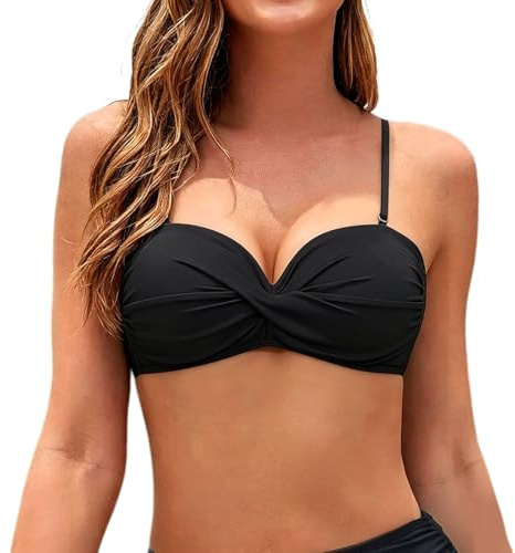 Haut de Bikini Bandeau Femme Push-Up Sexy Bikini Bandeau Col en V Croisée Haut de Bikini Noir Bretelles Amovibles et sans Bretelles Hautde Maillot de Bain avec Rembourrage Amovible