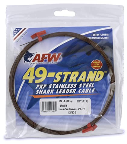 American Fishing Wire 49 Strand, 7x7 Stainless Steel Shark Leader Cable, 175 lb / 80 kg Test, 036 in / 0.91 mm Dia, Camo, 30 ft / 9.2 m