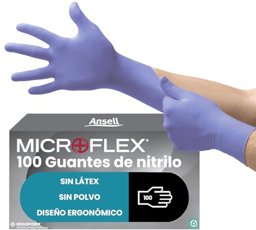 Ansell MicroFlex 93-843 Powder-Free Disposable Nitrile Gloves, Multipurpose, Chemical and Mechanical Protection, Blue, Size M (100 Pieces)
