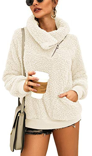 KIRUNDO Winter Clothing for Women Sherpa Pullover Fleece Zip Sweatshirt 2026 Fall Fashion Fuzzy Faux Shearling Warm Outwear(Medium, Beige)