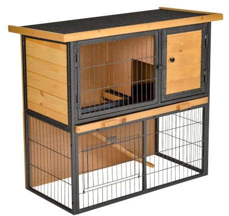 PawHut Conejera de Exterior de Madera 2 Niveles 89,5x45x81 cm Madera y Gris | Jaula para Mascotas Pequeñas, Rampa, Bandeja Extraíble, Puertas con Cerraduras