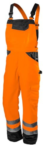 NEO TOOLS Herren Warnschutz-Latzhose, 80% Polyester und 20% Baumwolle, 245 g/m2, elastischer Gummibund und regulierbare Hosenträger, Größe:S, orange