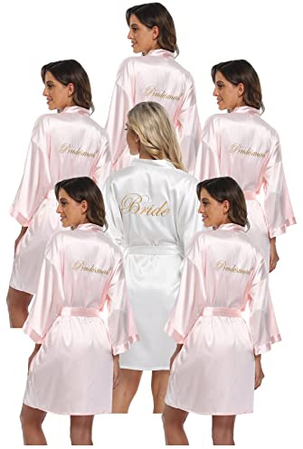 PENGEE Juego de 6 batas de satén para mujer, para boda, fiesta, novia, dama de honor, kimono, despedida de soltera, prepararse, bata de baño sedosa