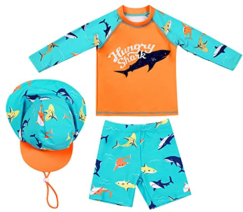 SEAUR Barn pojkar badbyxor simskjorta långärmad UV-skydd badset med solhatt Rash Guard 3-delad baddräkt, A07# 3 delar # haj orange, 100