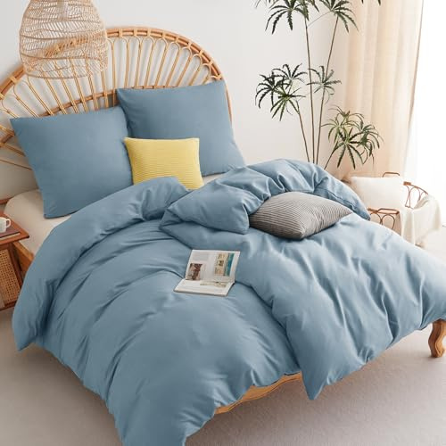 WAVVE Bettwäsche Graublau 135x200 4teilig - 2 Bettbezüge 135 x 200 cm mit 2 Kissenbezüge 80x80 cm, ÖKO-TEX Bettwäsche-Sets aus Mikrofaser mit Reißverschluss Weich