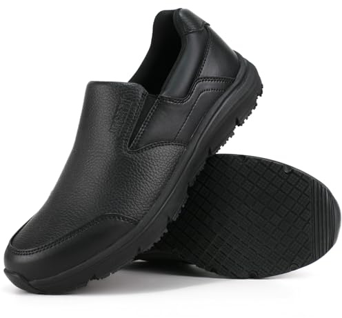 Jacata Non Slip Work Shoes for Men, Water Resistant Leather Mens Food Service Chef Shoes, Slip on Restaurant Kitchen Sneakers (Size 8) Black