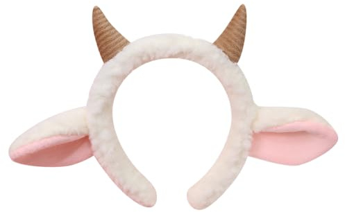 JIHUOO Bandeau avec oreille de mouton en peluche et cornes de chèvre - Serre-tête mignon avec oreilles d'animaux - Accessoire de cheveux doux pour femme