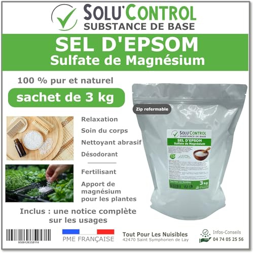Sel d'Epsom 3 kg - Solu'Control - Sulfate de Magnésium 100% Pur et Naturel - Relaxation, Soin du Corps, Déodorant, Fertilisant et Apport en Magnésium pour Plantes - Sachet avec Zip Refermable