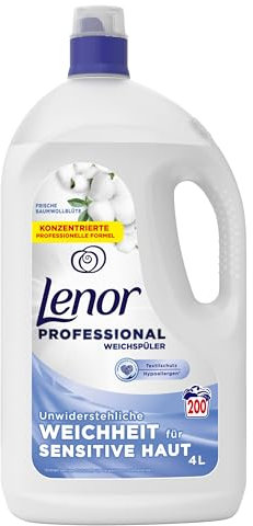 Lenor Professional Weichspüler, 200 Waschladungen, 4 l, Frische Baumwollblüte, Unwiderstehliche Weichheit für sensitive Haut, für den professionellen Gebrauch