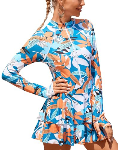 Ausing - Vestido de baño de manga larga para mujer, traje de baño de una pieza, swim rock, rash guard de secado rápido, traje de baño con protección solar para deportes acuáticos S-XXL, naranja, M