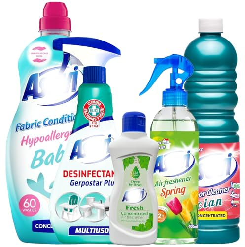 5 Piece Household Spanish Cleaning Products Bundle Giftset with Spring Fresh Air Freshener 400ml, Fresh Liquid Drops 165ml, Multipurpose Disinfectant 750ml, Cian Floor Cleaner 1L, Baby Fabric Softener
