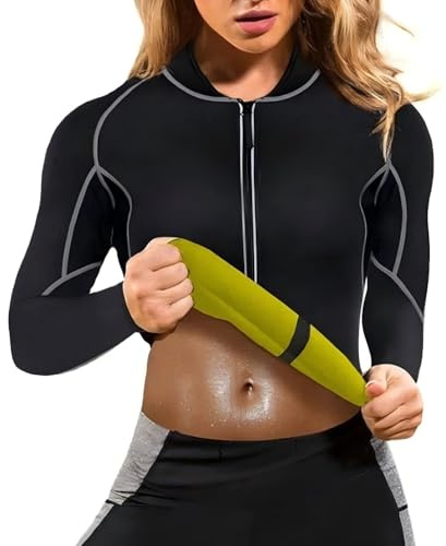 Vetement de Sudation Femme Gilet Sauna Fitness Sport Transpiration Néoprène T Shirt Manches Longues Zippé Survêtement Minceur Amincissante Ventre Plat Veste