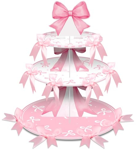 Vesici Pink Bow Cupcake Stand Pink Bow Birthday Decorations 3 Tier Coquette Cupcake Holder Dessert Tower with 20 Bowknots Coquette Theme Party Decorations for Women Girls Bridal Bachelorette Supplies