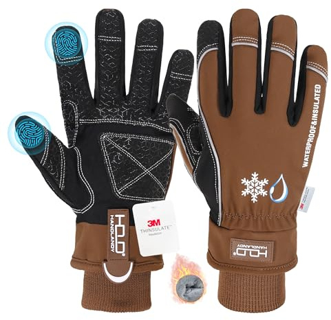 HANDLANDY Waterproof Insulated Work Gloves, Thermal Winter Gloves for Men Women, Warm Cold Weather Snow Ski Snowboard Hiking Touch Screen Gloves (Black Brown, M)
