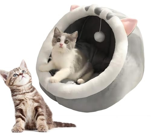 Hojalis Cama para Gatos, Cama Gatos Cueva, Cueva para Interiores con Juguete Colgante, Cuevas Paragatos con Cojín Extraíble, Suave Felpa Cálida, CuevasGato Lavable ParaGatos Y Cachorros O Conejos