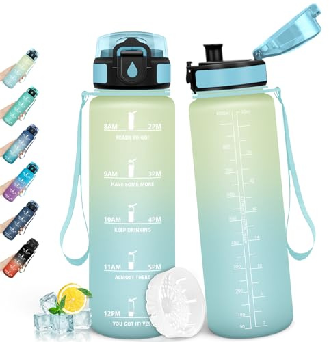 HoneyHolly Botella Agua 1L, Libre de BPA, Cantimplora, Marcador de Tiempo, Portátil, Botella Agua Gimnasio, A Prueba de Fugas, Cantimplora para Gimnasio, Ciclismo, Oficina y Exteriores